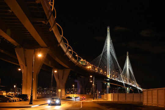 Night view of the city. ring road in Saint Petersburg. cable-stayed bridge  in lights, lights, car, headlights