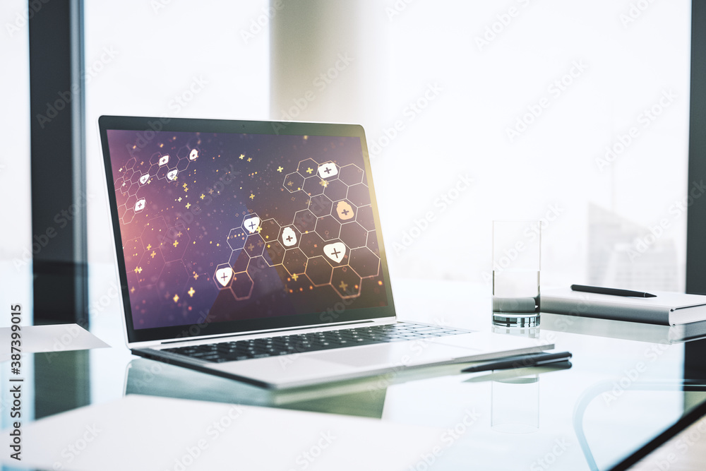 Aufkleber modern computer monitor with creative abstract medical hologram. healthcare technolody concept. 3d r