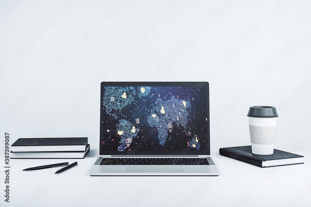 Leinwandbilder modern computer monitor with social network icons concept with world map. marketing and promotion co