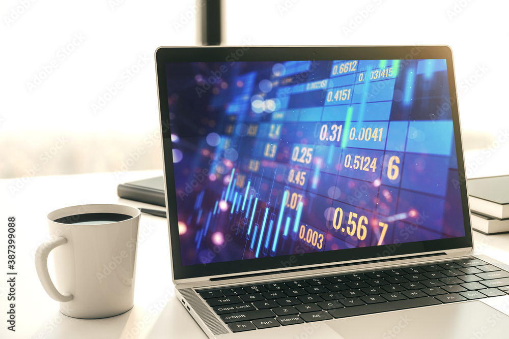 Poster modern computer monitor with abstract creative financial chart, research and strategy concept. 3d re