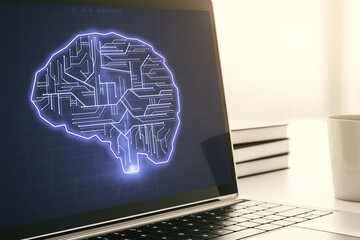 Creative artificial Intelligence concept with human brain hologram on modern laptop screen. 3D Rendering