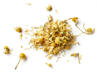 Heap of Chamomile tea isolated on white; from above