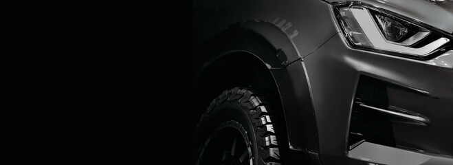 Close up detail on one of the LED headlights Pickup Truck black and white tone, copy space	
