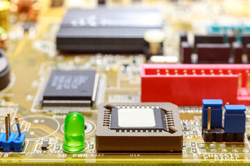 Computer Chips On The Circuit Board. Close-Up. Technological Progress Concept