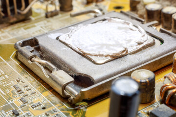 Old place for cooler of processor On The Board. Computer Chips On The Circuit Board. Close-Up. Technological Progress Concept