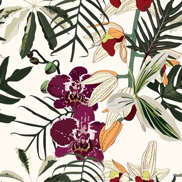 Seamless design pattern arranged with orchids flower, exotic leaves and branches. Beautiful floral print. Vintage colors background.