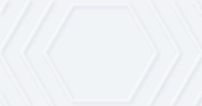 3d pure white animated hexagonal shaped frame. Seamless looped text box. Round simple geometric promo animation. Elegant event background wall. Live wallpaper with arrow. Neumorphism style. Digital BG