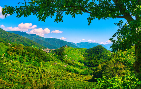 Prosecco Hills, vineyards and Combai village. Unesco Site. Valdobbiadene, Veneto, Italy