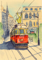 Watercolor illustration of a street of a european city with tall ancient buildings and with a red tram - obrazy, fototapety, plakaty
