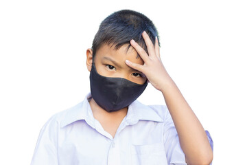 Young  Asian​ child boy wearing fabric mask and holding Alcohol spray bottle in his hand for prevent Corona virus or Covid-19 disease. Washing and cleaning hand by Alcohol gel. Health care and kid.