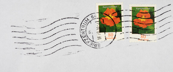 Briefmarke stamp gestempelt used frankiert flower blume orange kapuzinerkresse welle wave pflanze...