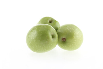 Green olives with leaves set isolated on white background as package design element