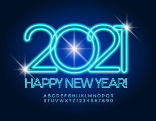 Fototapeta premium Vector blue neon greeting card Happy New Year 2021! Electric bright Font. Glowing Alphabet Letters and Numbers set