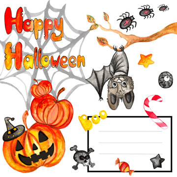 Halloween watercolor illustration with bats, pumpkin, cauldron. For textiles, prints, wallpapers, stickers.