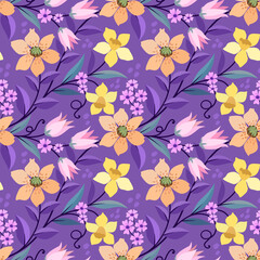 Colorful hand draw flowers on purple color background seamless pattern for fabric textile wallpaper.