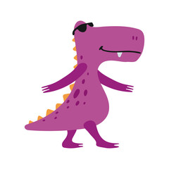 Funny dinosaur wearing black glasses in cartoon style isolated on a white background. Bright cute animal characters for kids. Vector illustration