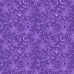 Line flowers on purple color background seamless pattern for fabric textile wallpaper.