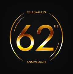 62th anniversary. Sixty-two years birthday celebration banner in bright golden color. Circular logo with elegant number design.