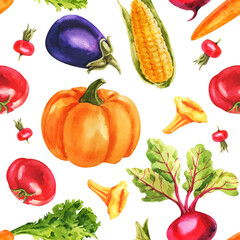Watercolor seamless pattern with autumn vegetables and mushroom