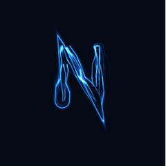 Lightning Realistic letter N, bright gloving logo, electric energy glow style symbol, blue tesla plasma type sign. Thunderbolt vector illustration, typography design