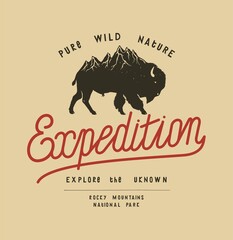 Bison hiking t-shirt print. Bison with a mountain range on its back. Pure wild nature expedition typography vector illustration. © Handdraw