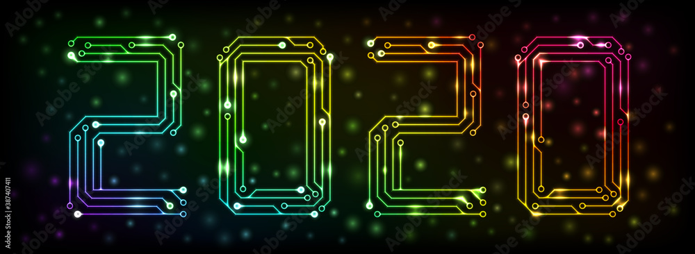 Poster multicolor circuit printed board in the shape of 2020 with bokeh