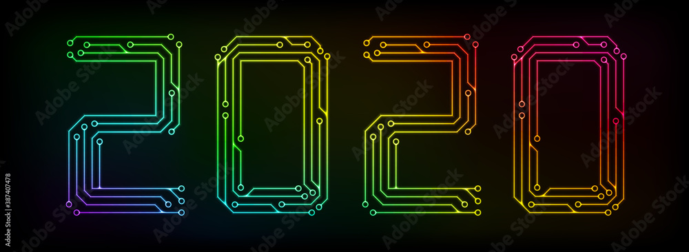 Poster multicolor circuit printed board in the shape of 2020