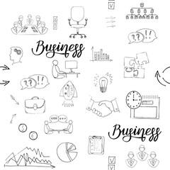 Seamless pattern of business icons in Doodle style. Vector background on collaboration, goal achievement, meetings, business ideas.