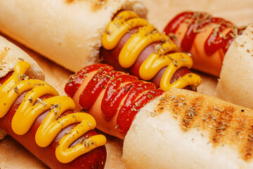 classic American hot dog with mustard and ketchup close-up