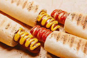 classic American hot dog with mustard and ketchup close-up