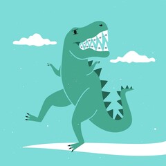 Vector illustration with walking tyrannosaurus dinosaur in tooth braces. Funny childish print design, concept art of dental healthcare