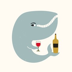 Vector illustration with blue whale holding glass of red wine and green bottle. Trendy print design with ocean animal, bar wall decoration poster template