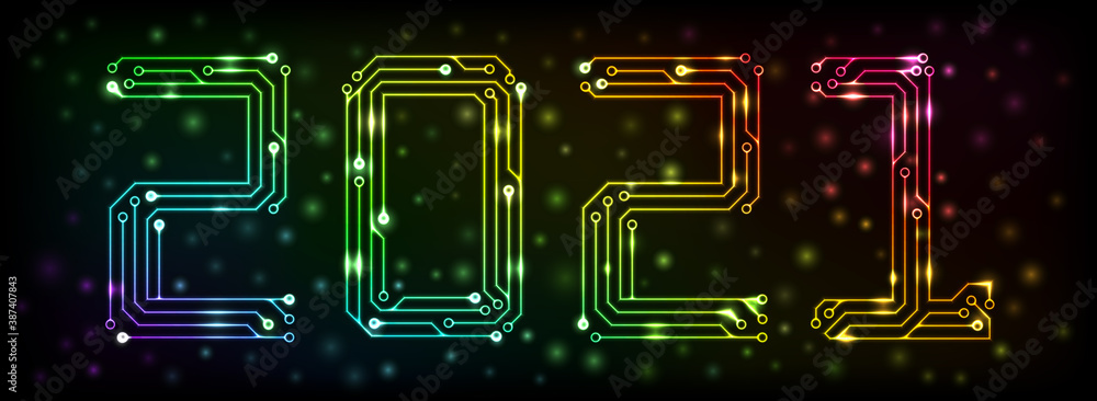 Poster multicolor circuit printed board in the shape of 2021 with bokeh