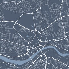 Detailed map of Newcastle upon Tyne city, linear print map. Cityscape panorama.