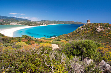 emerald water in Porto Giunco bay, Villasimius, Cagliari, Sardinia, Italy, Europe