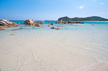 Emerald water in Notteri beach, Villasimius, Cagliari, Sardinia, Italy, Europe