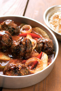 Homemade meat balls with vegetables and rice