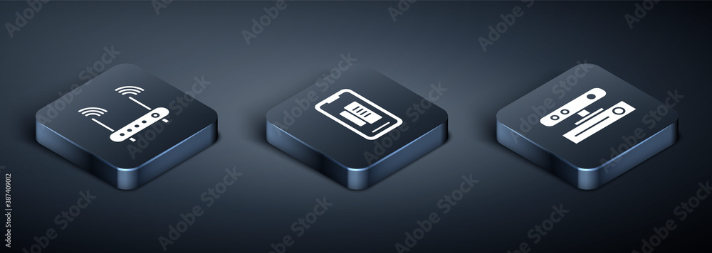 Poster set isometric router and wi-fi signal, motion sensor and smartphone, mobile phone icon. vector.