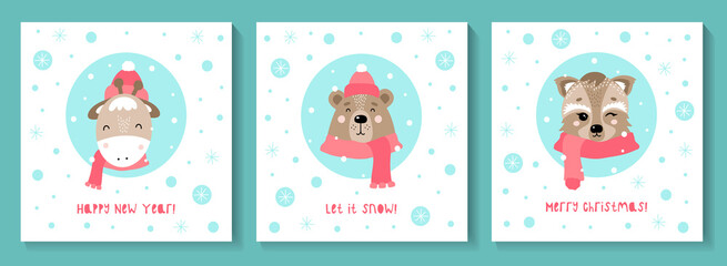 Set of Christmas cards with cute animals.