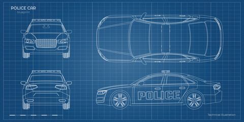 Outline police car blueprint. Front, side, back and side views. Patrol automobile drawing. Industrial document. City guard © shaineast