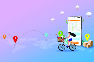 Concept of delivery service with online tracking system, young woman ride a bicycle to go to store by use application on mobile to see map and GPS.