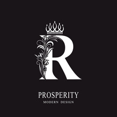 Elegant Capital letter R. Graceful royal style. Calligraphic beautiful logo. Vintage floral drawn emblem for book design, brand name, business card, Restaurant, Boutique, Hotel. Vector illustration