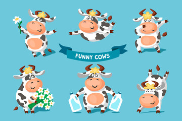 Obraz premium Set of cute funny spotted black and white cows in different poses. Cartoon vector illustration for children.