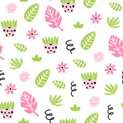 Seamless pattern with flowers, leaves and hand drawn elements