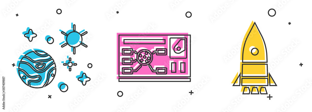 Poster set space and planet, futuristic hud interface and rocket ship icon. vector.