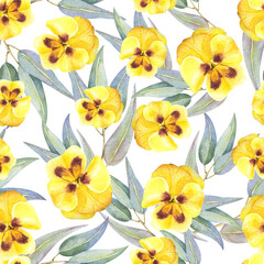 Watercolor seamless pattern of flowers yellow pansies and eucalyptus