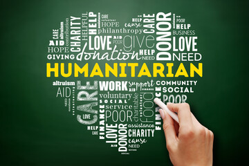 Humanitarian heart word cloud concept on blackboard