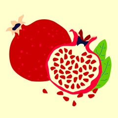 Pomegranate fruit with leaves, hand drawn vector illustration