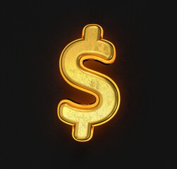 vintage gold metal alphabet with yellow outline and backlight - dollar - peso sign isolated on black background, 3D illustration of symbols