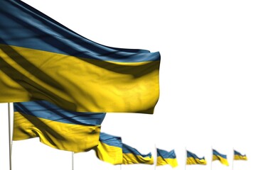 wonderful celebration flag 3d illustration. - Ukraine isolated flags placed diagonal, illustration with soft focus and place for your text